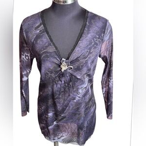 V Cristina Black & Purple Top w/ Dragon Embellishment Size XL NWOT